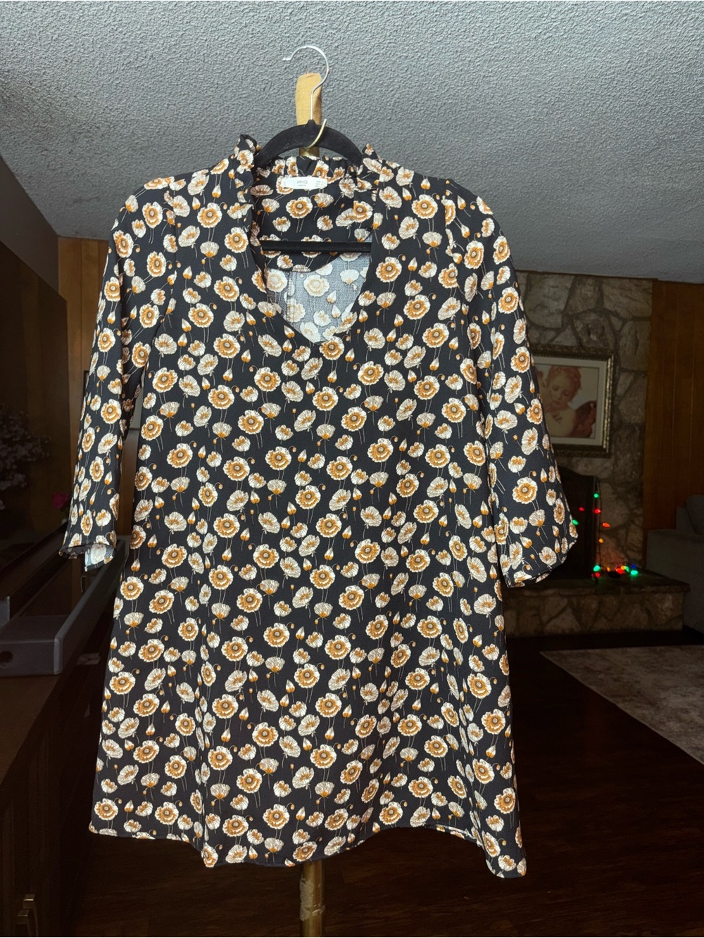 Mango Black Mini Dress with Gold and Cream Floral Print